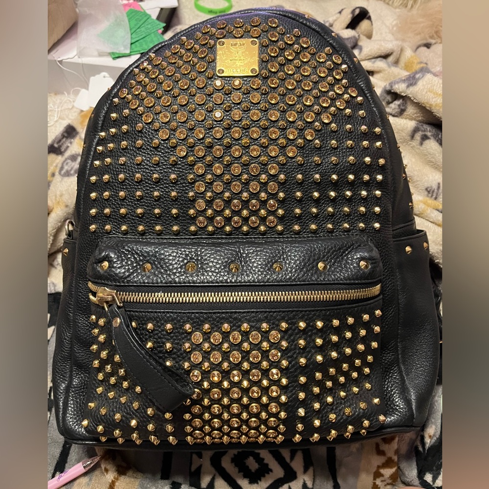 Additional Pics of MCM x Swarovski Studded Black and Gold XL Backpack  Bag